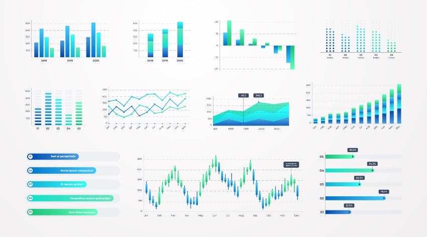 Diverse grafische Darstellungen von Statistiken