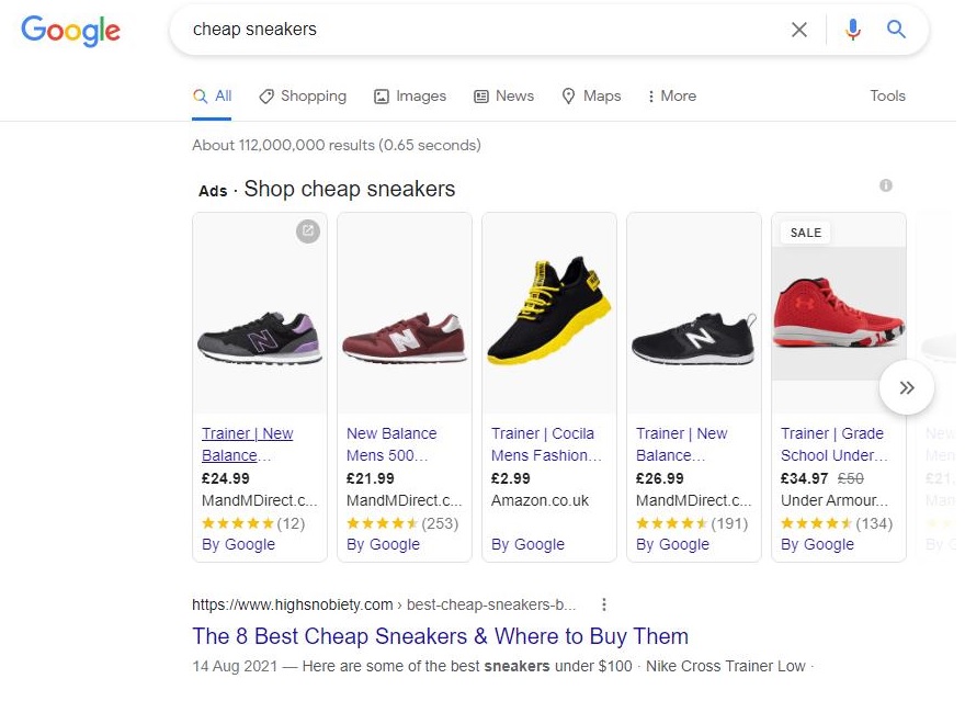 Englische Google Suche nach "Cheap Sneakers"